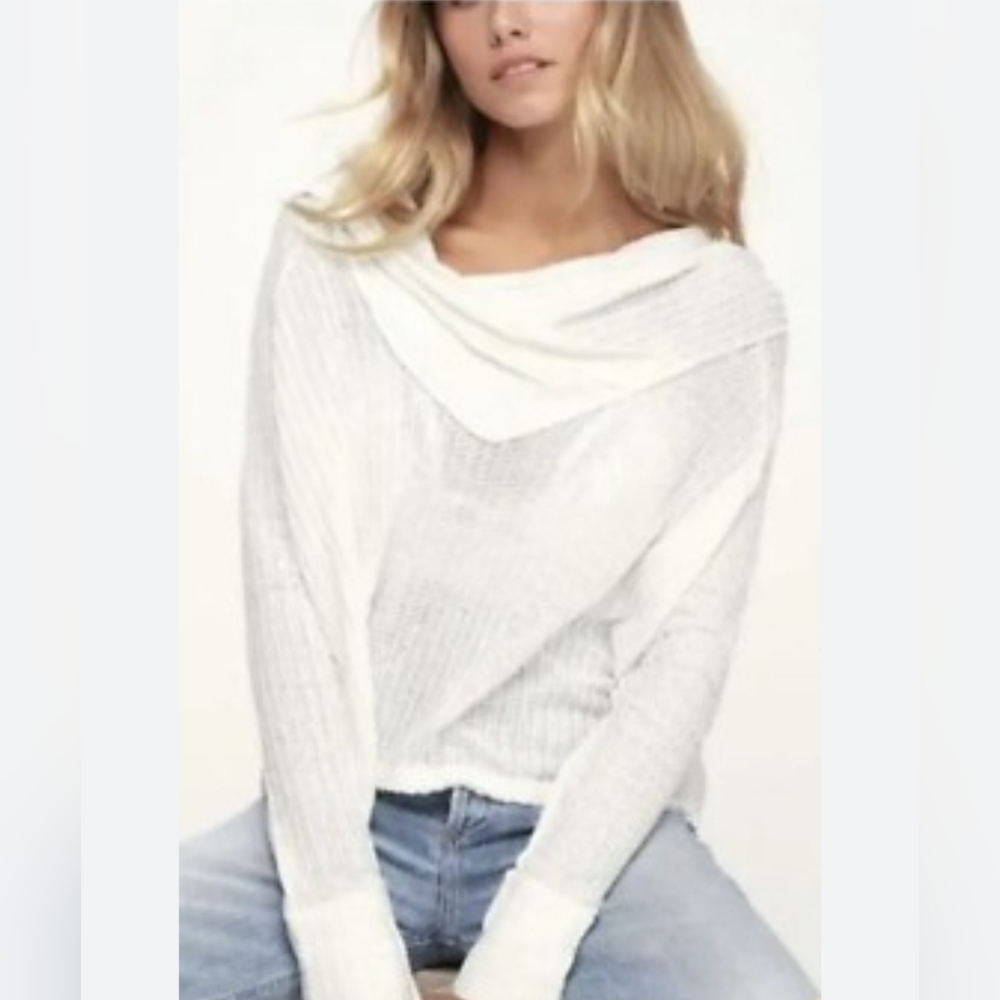FREE PEOPLE WE THE FREE Wildcat Cowl Neck Thermal Pullover Sweater Ivory LARGE